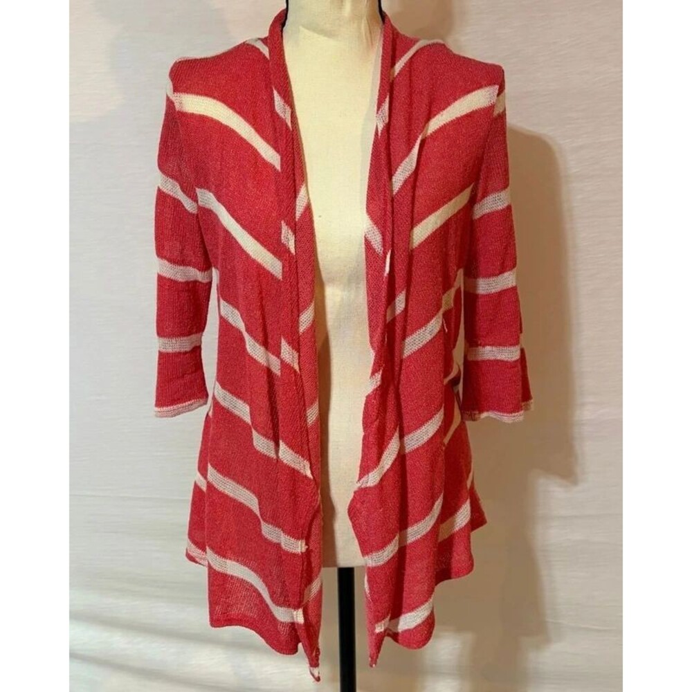 Fiancee Coral White Striped Open Knit Cardigan Size S Lightweight Duster